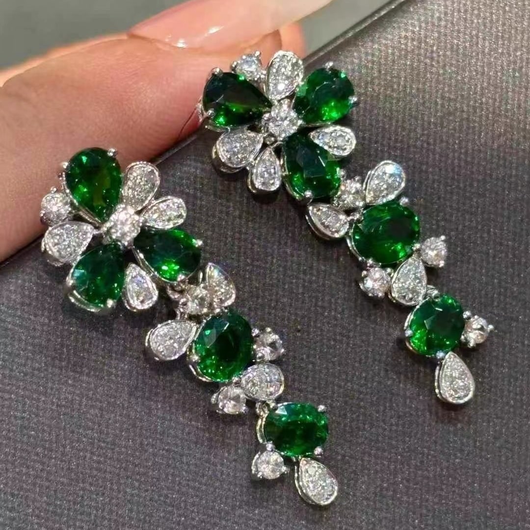 14k Gold 4.21 Ct Vivid Green Natural Tsavorite & Diamond Earrings - 2