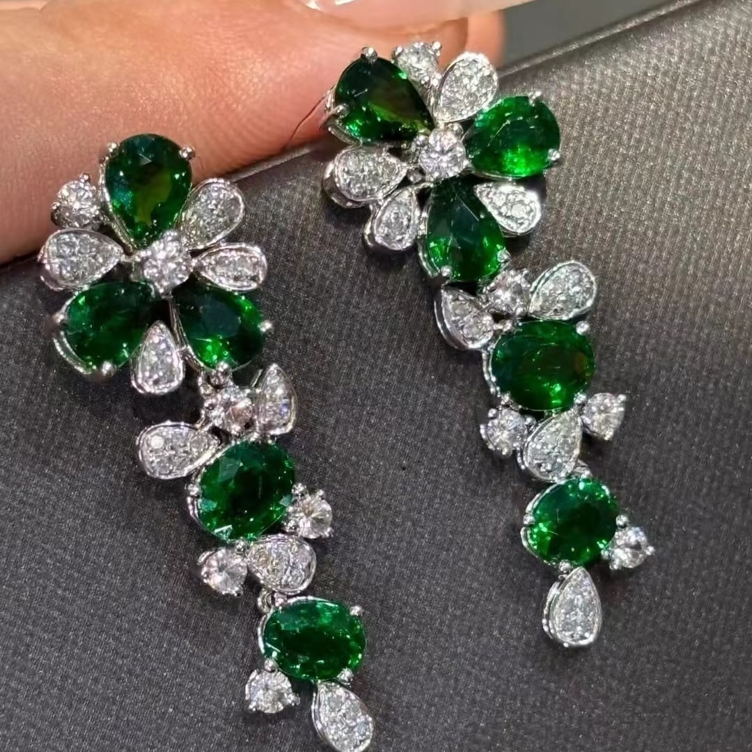 14k Gold 4.21 Ct Vivid Green Natural Tsavorite & Diamond Earrings - 5