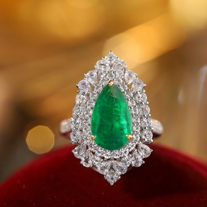 14k Gold 4.34 Ctw Vivid Green Natural Emerald & Sapphire Ring/pendant( Without Chain ): Ref:230953052 // gold content:14k gold // ring size:7. 25us // // main gemstone:emerald // shape:pear // carat weight:2. 14ct // color:vivid green // treatment:natural // // adjacent gemstone 2 :
