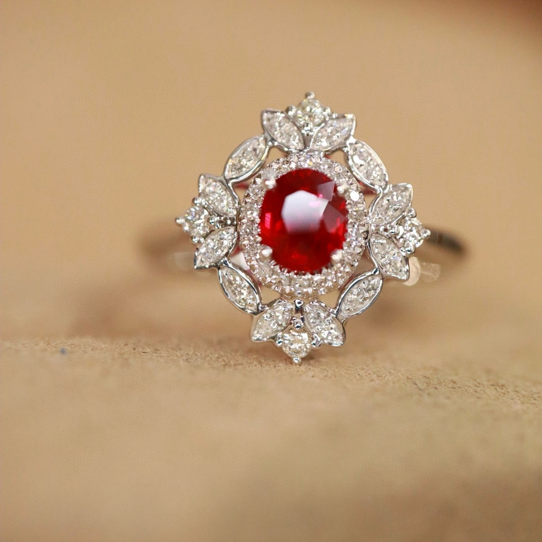 14k Gold 0.82 Ctw Natural Ruby & Diamond Ring: Ref:230953055 // gold content:14k gold // ring size:7. 25us // // main gemstone:ruby // shape:oval // carat weight:0. 65ct // color:pigeonblood red // treatment:natural // // adjacent gemstone 2 : dia