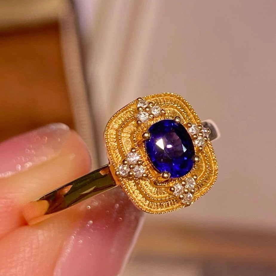14k Gold 0.69 Ctw Natural Sapphire & Diamond Ring: Ref:230953067 // gold content:14k gold // ring size:7. 25us // // main gemstone:sapphire // shape:oval // carat weight:0. 6ct // color:royal blue // treatment:natural // // adjacent gemstone 2 : diamo