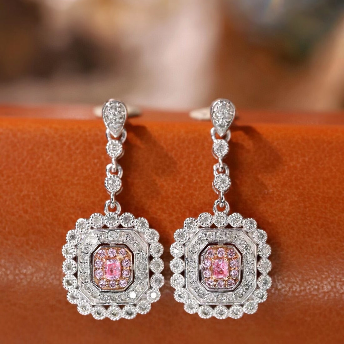 14k Gold 0.76 Ctw Natural Pink Diamond & Diamond Earrings: Ref:230953075 // gold content:14k gold // main gemstone:pink diamond // shape:cushion // carat weight:0. 16ct // color:pink // treatment:natural // // adjacent gemstone 2 : diamond // shape:round