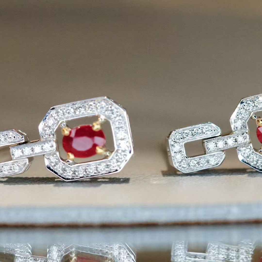14k Gold 0.48 Ctw Vivid Red Natural Ruby & Diamond Earrings - 2
