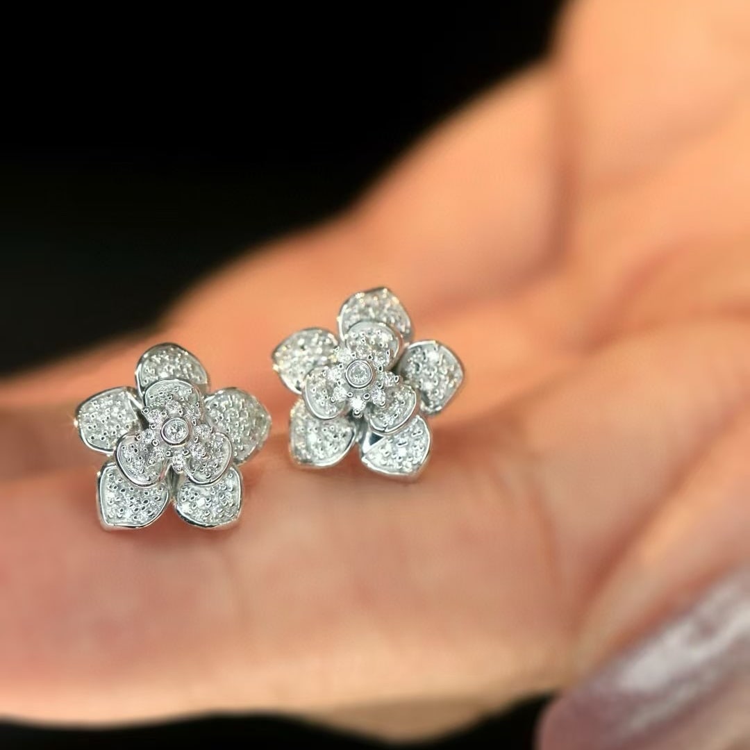 14k Gold 0.26 Ct Natural H Diamond & Flowers Earrings - 4