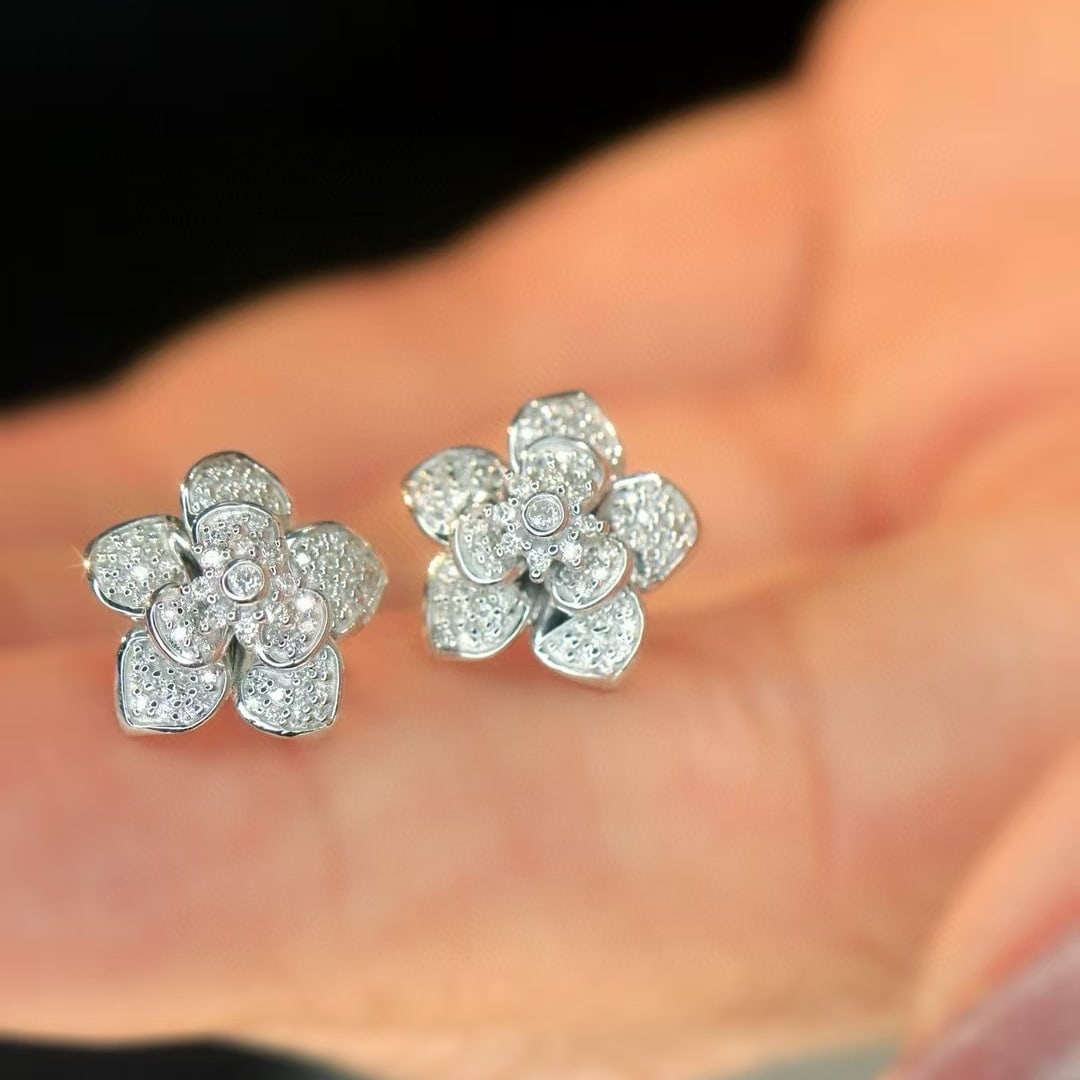 14k Gold 0.26 Ct Natural H Diamond & Flowers Earrings - 6