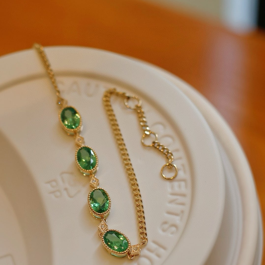 14k Gold 1.5 Ct Natural Tsavorite & Diamond Bracelet - 2