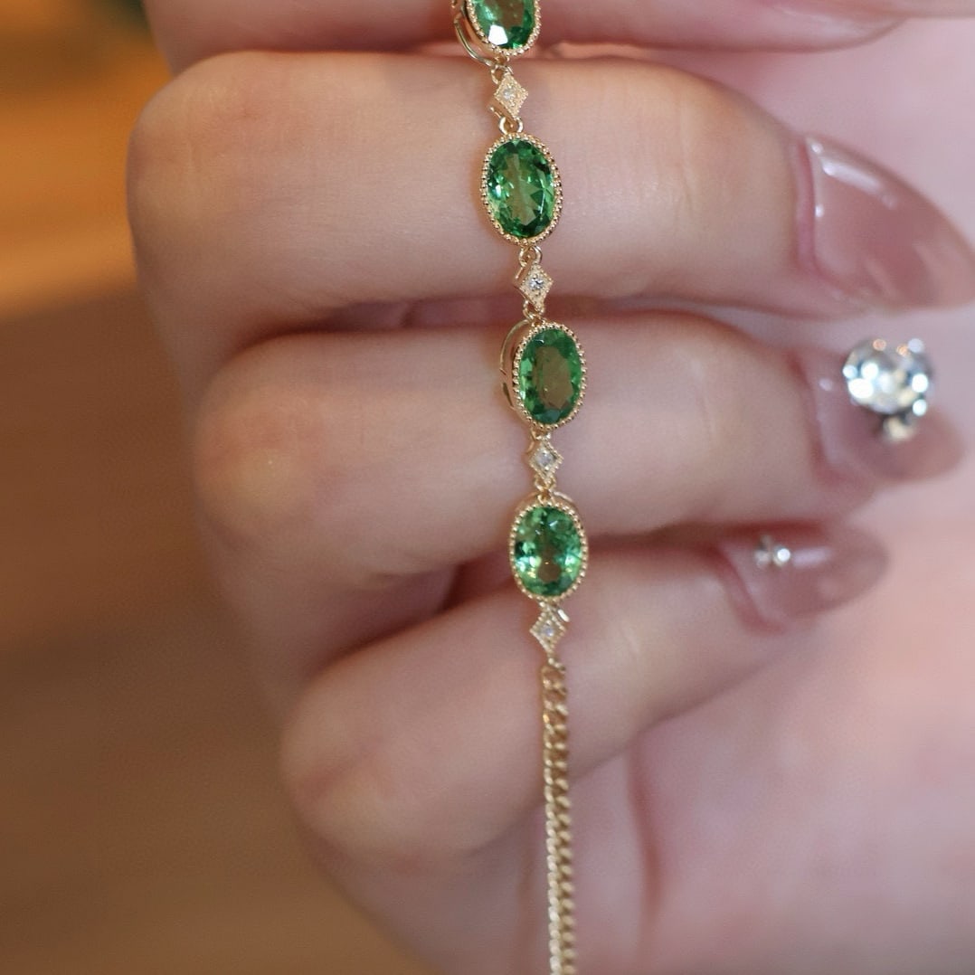 14k Gold 1.5 Ct Natural Tsavorite & Diamond Bracelet - 7