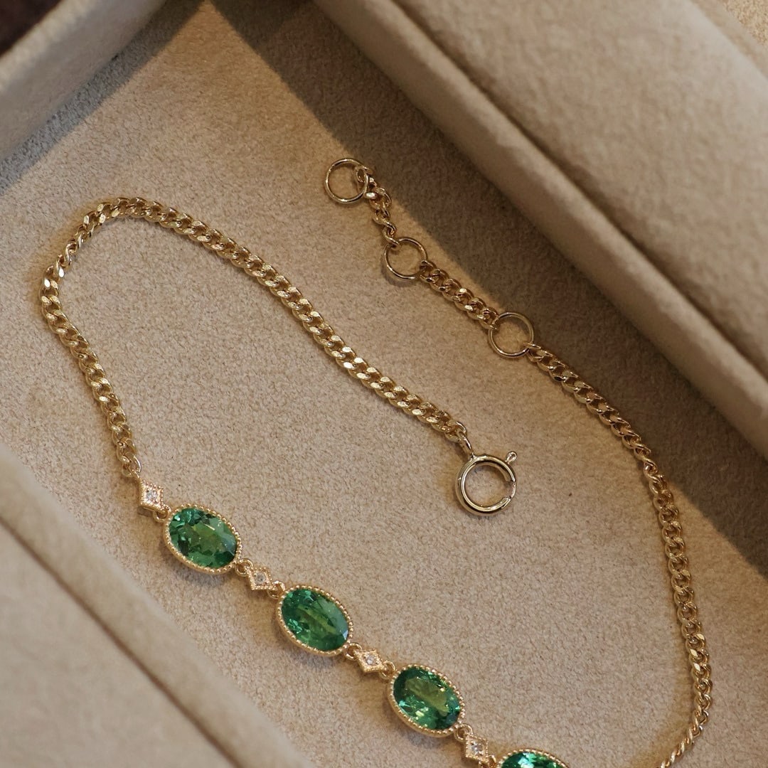 14k Gold 1.5 Ct Natural Tsavorite & Diamond Bracelet - 9