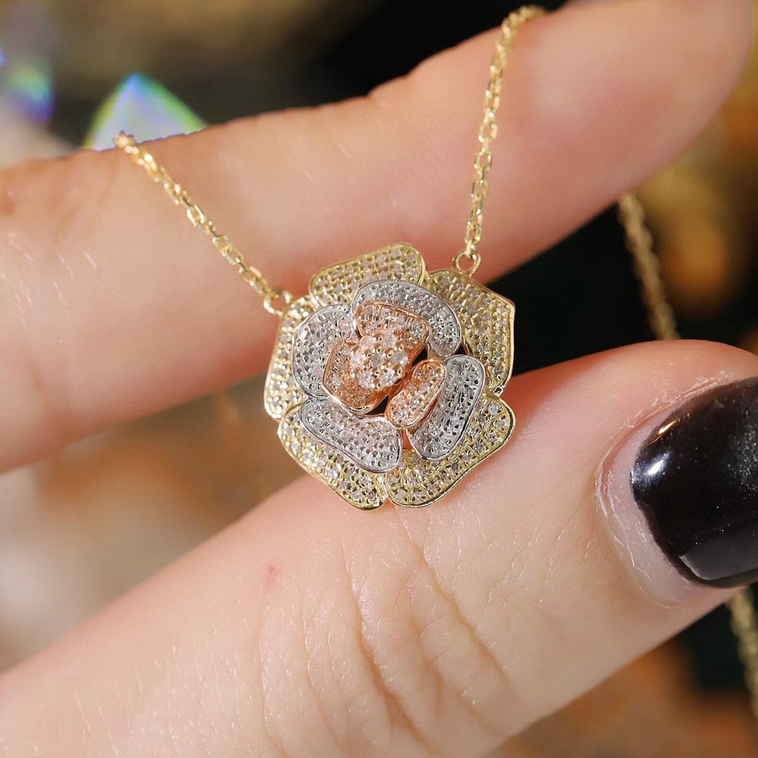 14k Gold 0.3 Ct Natural H Diamond & Flowers Necklace - 3