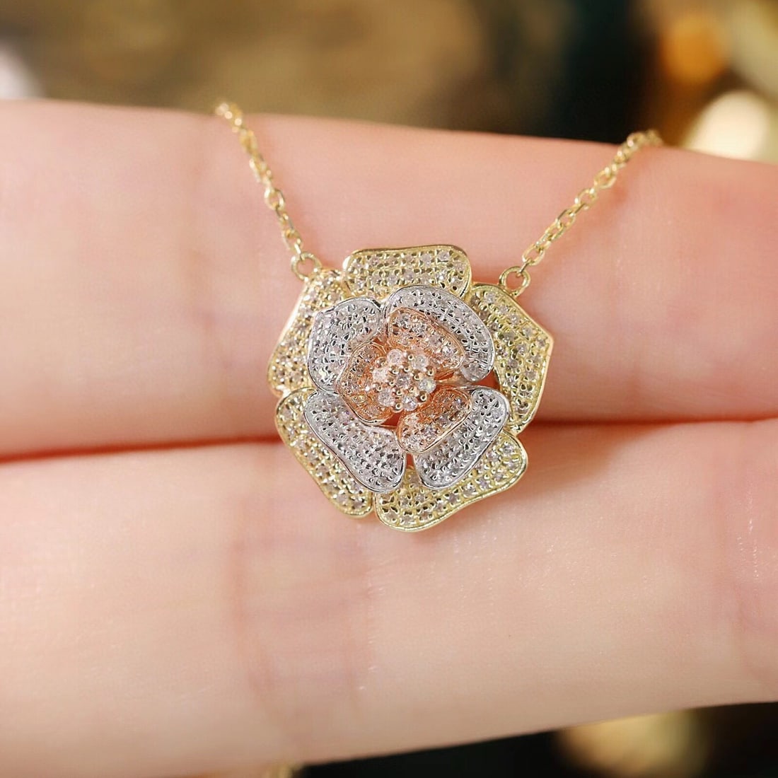 14k Gold 0.3 Ct Natural H Diamond & Flowers Necklace - 6