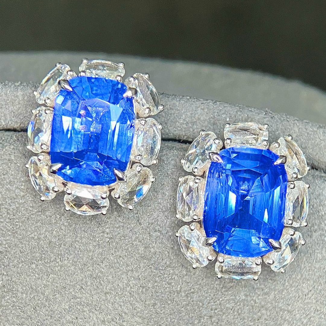 14k Gold 6.10 Ctw Natural Sapphire & Diamond Earrings: Ref:230954028 // gold content:14k gold // main gemstone:sapphire // shape:cushion // carat weight:5. 21ct // color:cornflower blue // treatment:natural // // adjacent gemstone 2 : diamond //