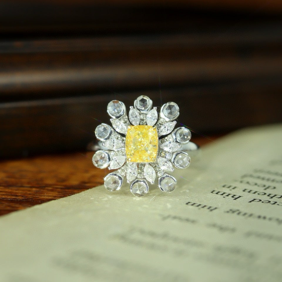 14k Gold 1.91 Ctw Natural Yellow Diamond & Diamond Ring: Ref:230954043 // gold content:14k gold // ring size:7. 25us // // main gemstone:yellow diamond // shape:cushion // carat weight:1. 01ct // color:yellow // treatment:natural // // adjacent gemstone 2 :