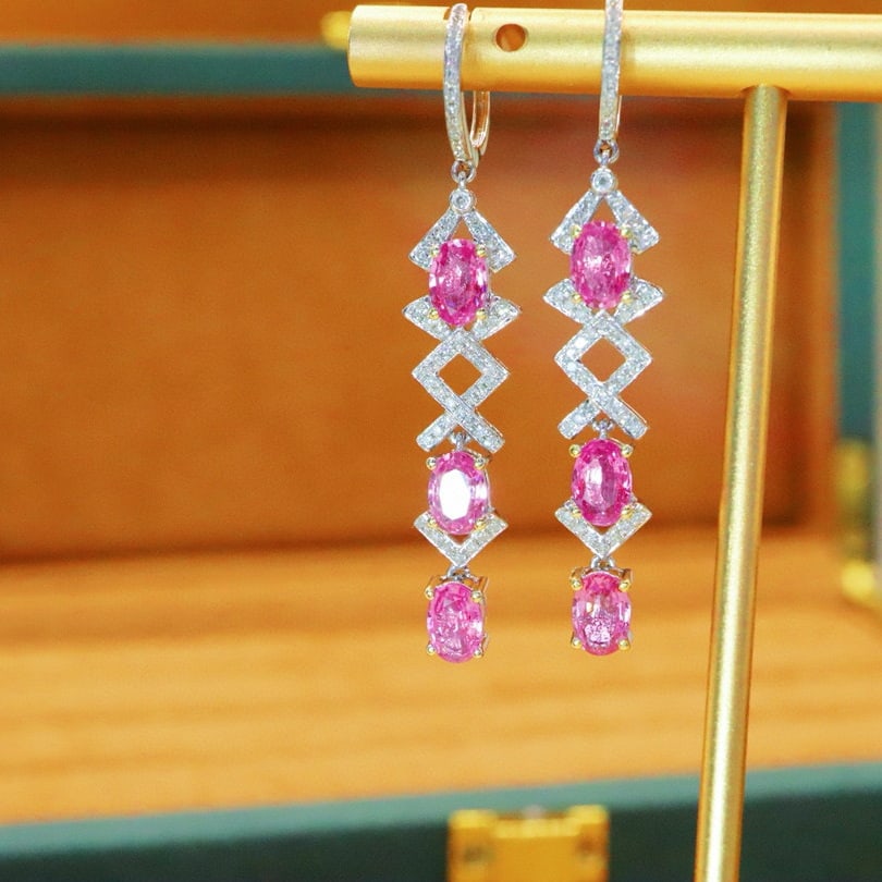 14k Gold 3.43 Ctw Natural Padparadscha Sapphire & Diamond Earrings - 2