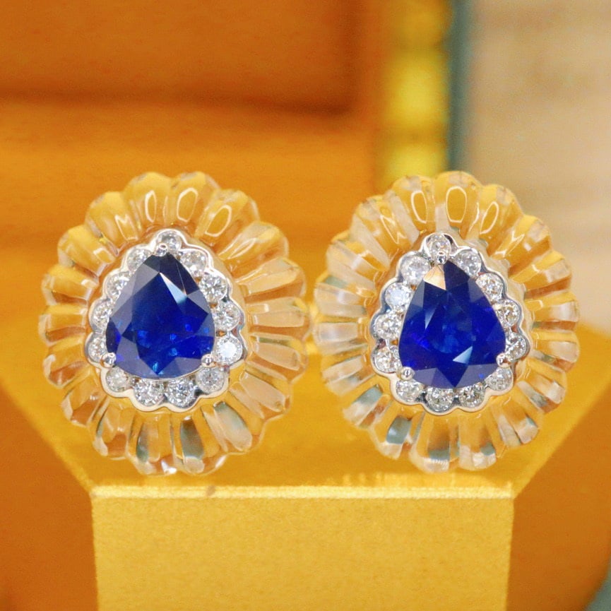 14k Gold 1.51 Ctw Natural Sapphire & Diamond Earrings: Ref:230954098 // gold content:14k gold // main gemstone:sapphire // shape:pear // carat weight:1. 25ct // color:royal blue // treatment:natural // // adjacent gemstone 2 : diamond // number of