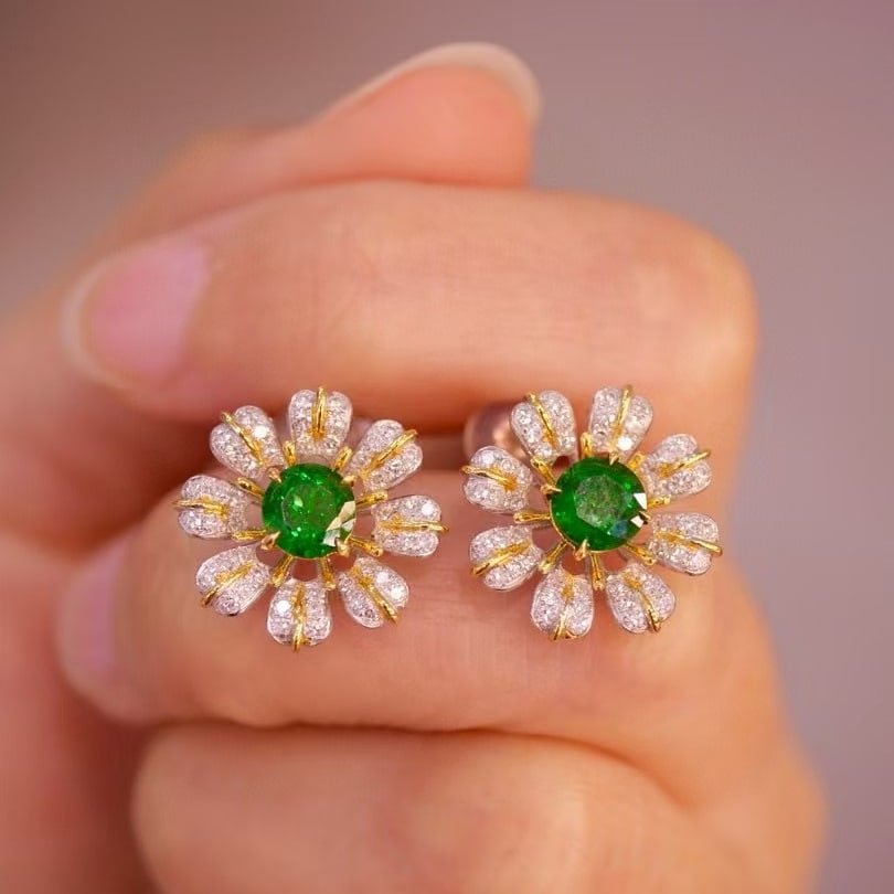 14k Gold 1.84 Ctw Vivid Green Natural Tsavorite & Diamond & Flowers Earrings - 3