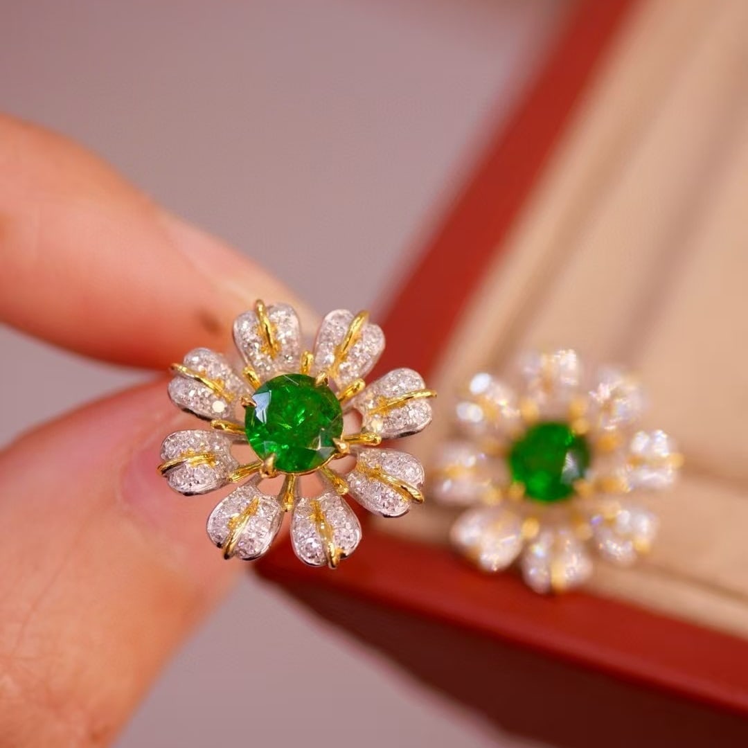 14k Gold 1.84 Ctw Vivid Green Natural Tsavorite & Diamond & Flowers Earrings - 4