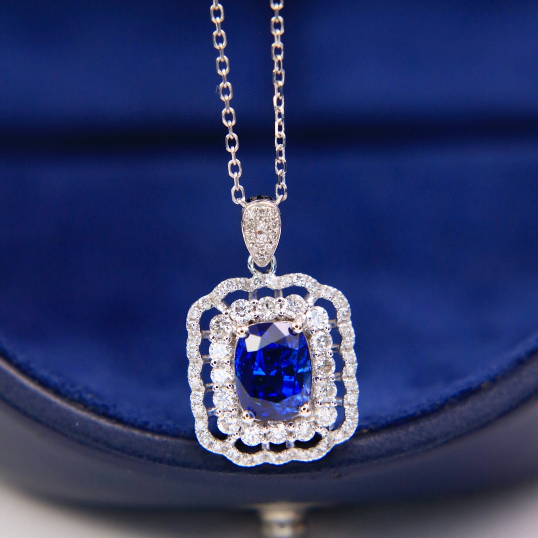 14k Gold 2.14 Ctw Natural Sapphire & Diamond Pendant( Without Chain ): Ref:230954123 // gold content:14k gold // main gemstone:sapphire // shape:cushion // carat weight:1. 7ct // color:royal blue // treatment:natural // // adjacent gemstone 2 : diamond // shape:round