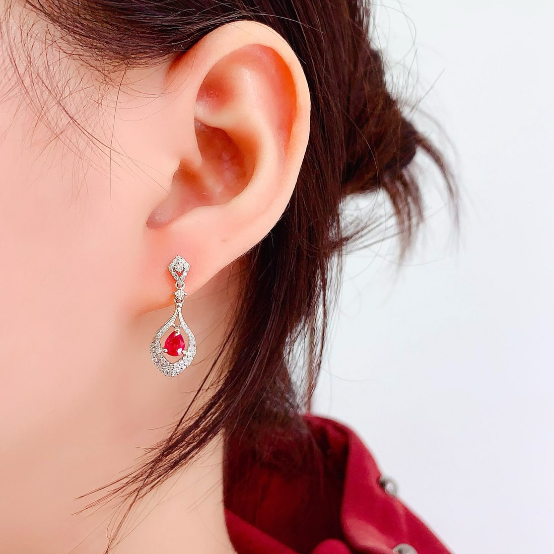 14k Gold 1 Ct Natural Ruby & Diamond Earrings - 4