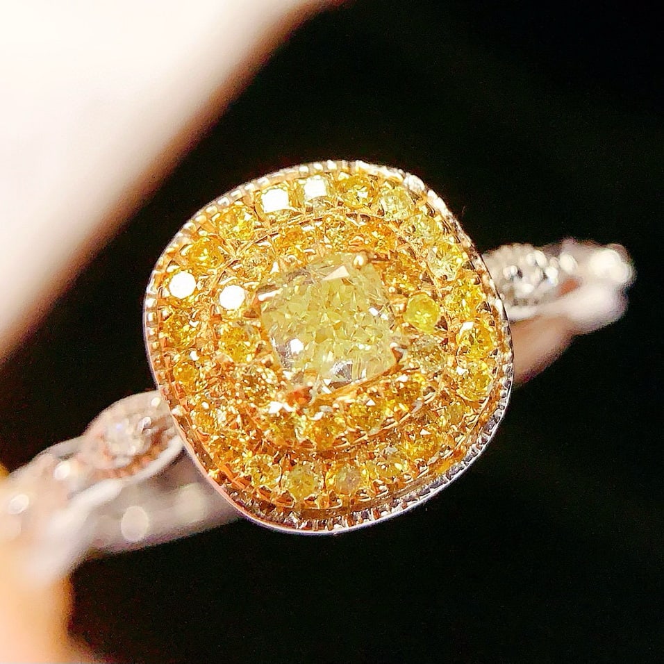 14k Gold 0.45 Ct Natural Yellow Diamond & Diamond Ring: Ref:230954275 // gold content:14k gold // ring size:7. 25us // // main gemstone:yellow diamond // shape:cushion // carat weight:0. 45ct // color:yellow // treatment:natural // // adjacent gemstone