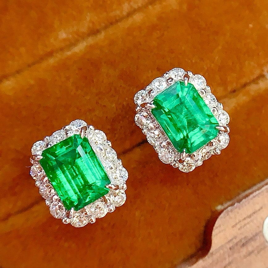 14k Gold 2.1 Ct Vivid Green Natural Emerald & Diamond Earrings (1 of 7)