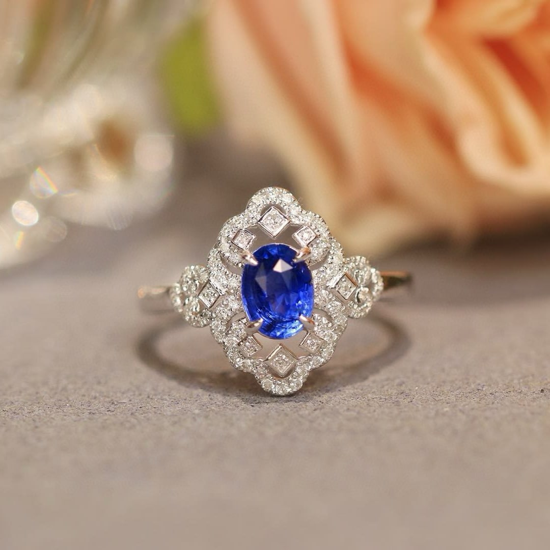 14k Gold 1.51 Ctw Natural Sapphire & Diamond Ring: Ref:230954336 // gold content:14k gold // ring size:7. 25us // // main gemstone:sapphire // shape:oval // carat weight:1. 24ct // color:cornflower blue // treatment:natural // // adjacent gemstone 2 :