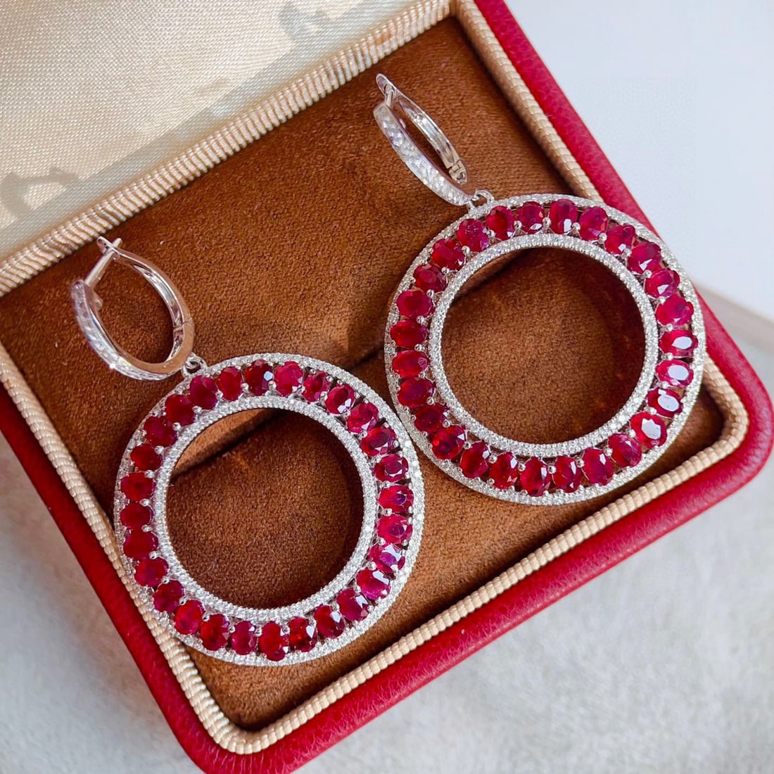 14k Gold 8.57 Ctw Natural Ruby & Diamond Earrings: Ref:230954337 // gold content:14k gold // main gemstone:ruby // shape:oval // carat weight:7. 54ct // color:pigeonblood red // treatment:natural // // adjacent gemstone 2 : diamond // shape:round // c