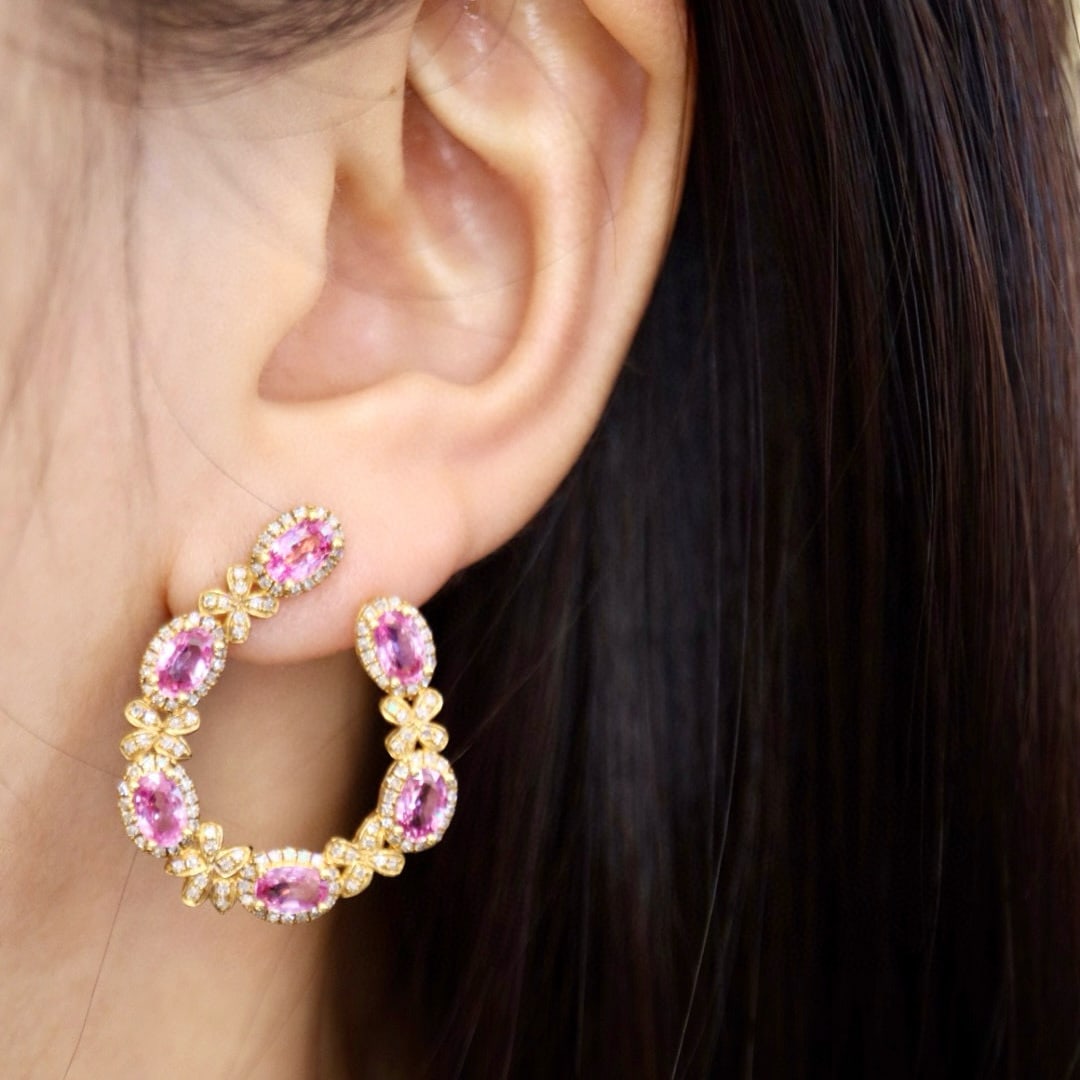 14k Gold 5.30 Ctw Natural Padparadscha Sapphire & Diamond Earrings - 7