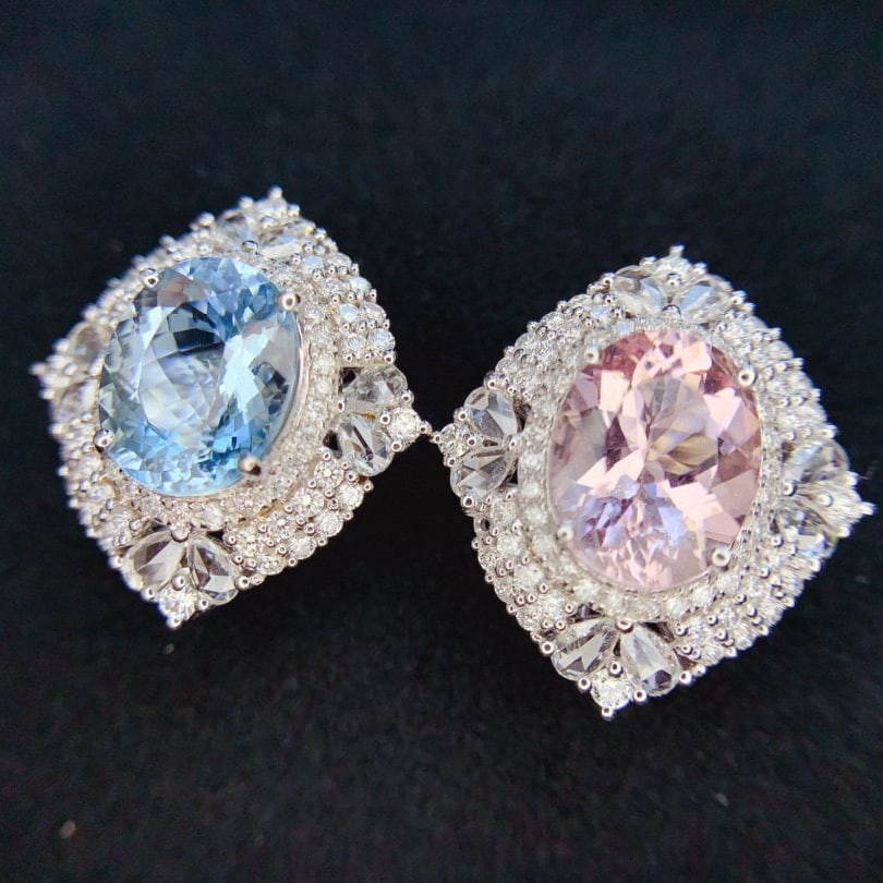 14k Gold 6.86 Ctw Natural Aquamarine & Morganite & Diamond Earrings - 3