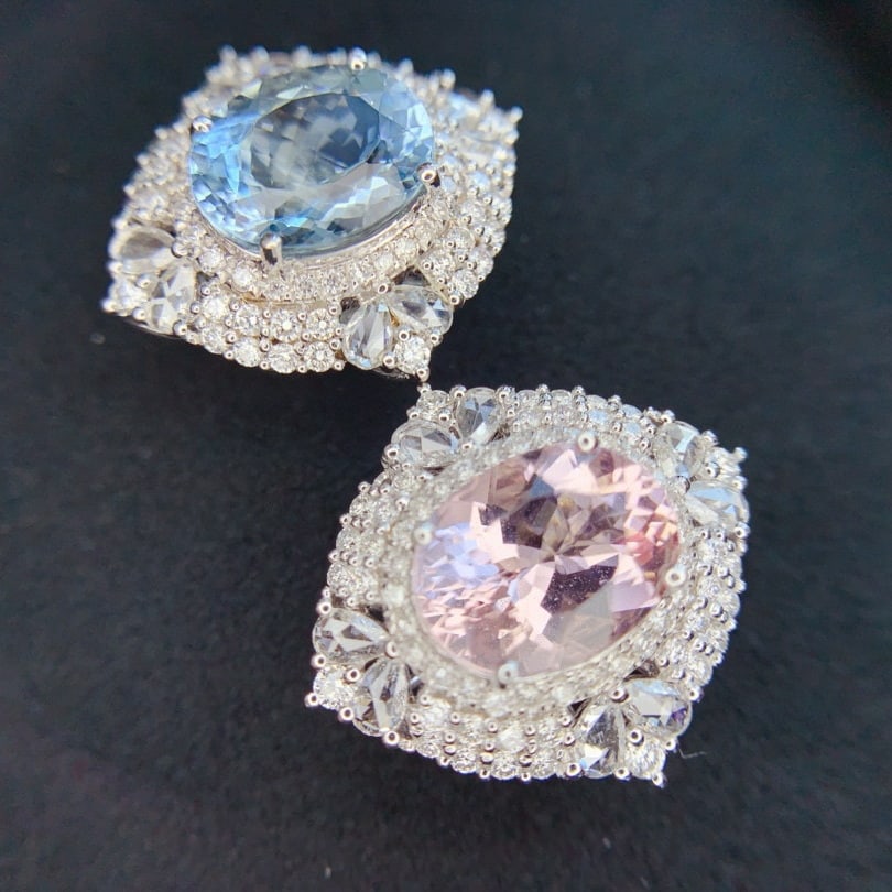 14k Gold 6.86 Ctw Natural Aquamarine & Morganite & Diamond Earrings - 5