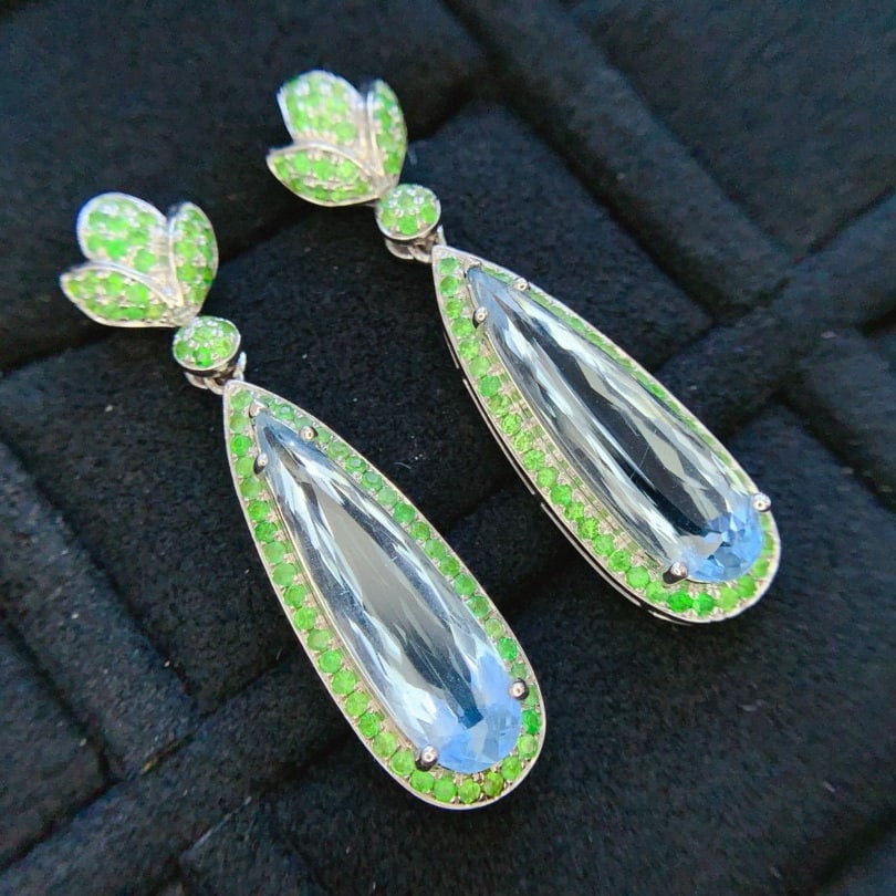 14k Gold 5.95 Ct Natural Aquamarine & Tsavorite Earrings - 2