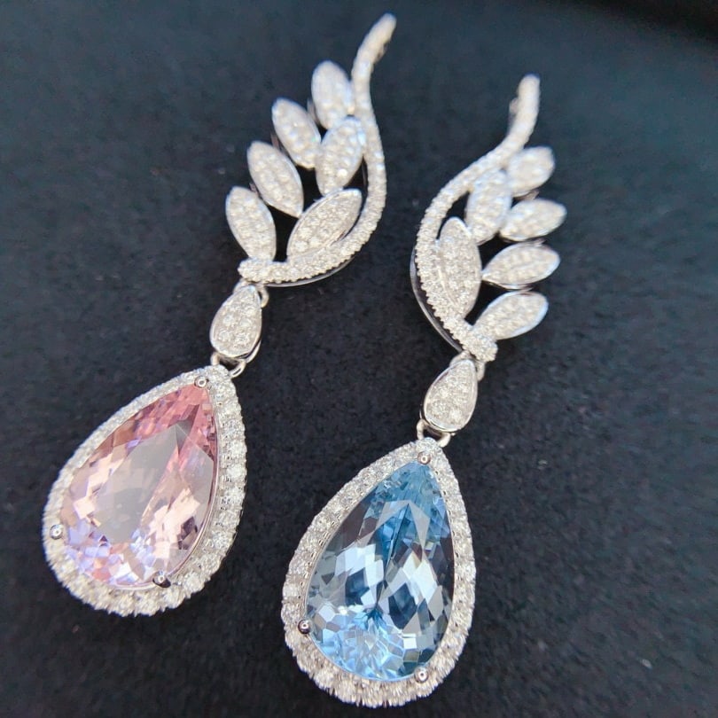 14k Gold 6.62 Ctw Natural Aquamarine & Morganite & Diamond Earrings - 3