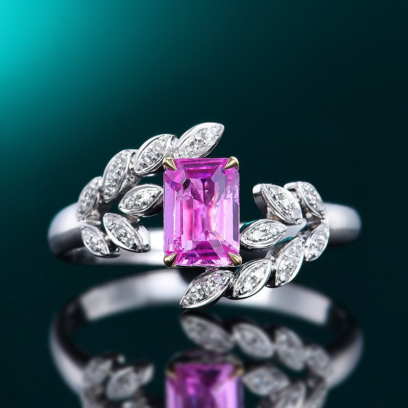 14k Gold 0.85 Ctw Natural Padparadscha Sapphire & Diamond Ring: Ref:230954434 // gold content:14k gold // ring size:7. 25us // // main gemstone:padparadscha sapphire // shape:octagonal // carat weight:0. 76ct // color:orangish pink // treatment:natural // //