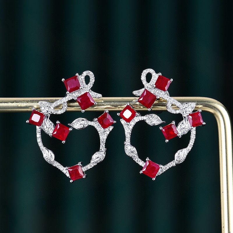 14k Gold 2.43 Ctw Natural Ruby & Diamond Earrings: Ref:230954435 // gold content:14k gold // main gemstone:ruby // shape:princess // carat weight:2. 4ct // color:pigeonblood red // treatment:natural // // adjacent gemstone 2 : diamond // number of