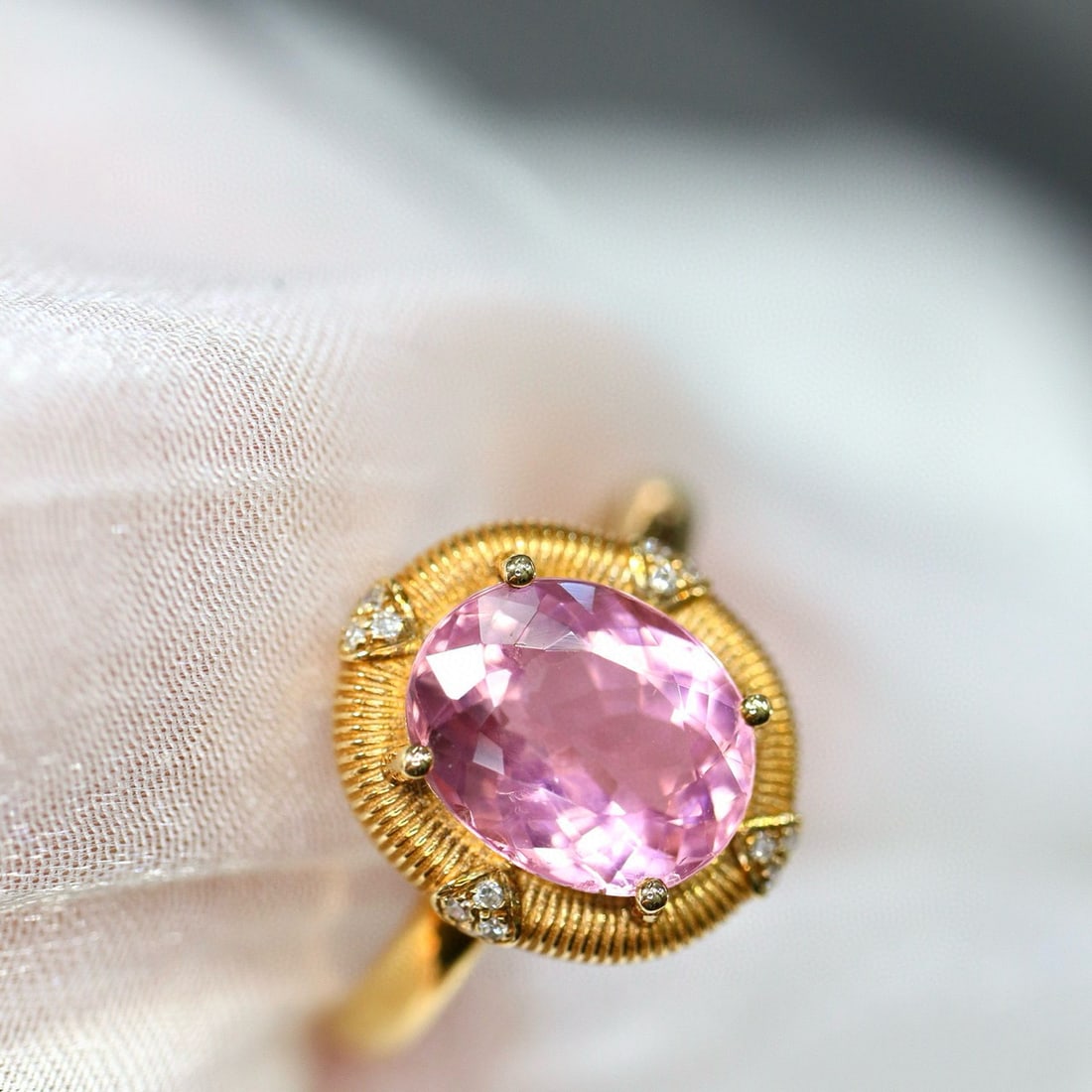 14k Gold 2.46 Ctw Natural Tourmaline & Diamond Ring: Ref:230957027 // gold content:14k gold // ring size:7. 25us // // main gemstone:tourmaline // shape:oval // carat weight:2. 40ct // color:pink // treatment:natural // // adjacent gemstone 2 :