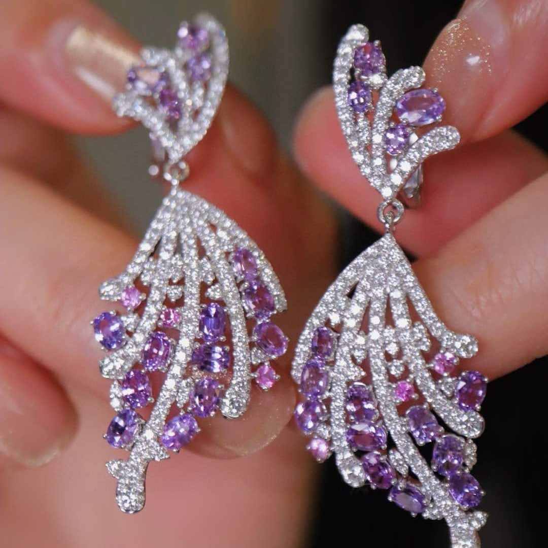 14k Gold 6.22 Ctw Natural Sapphire & Diamond Earrings: Ref:230957034 // gold content:14k gold // main gemstone:sapphire // shape:oval // carat weight:4. 20ct // color:purple // treatment:natural // // adjacent gemstone 2 : diamond // shape:round // carat