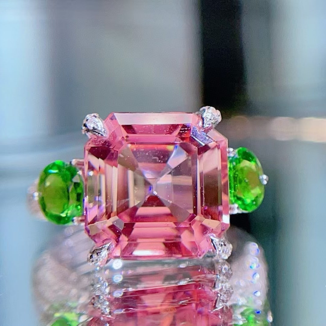 14k Gold 7.36 Ct Natural Tourmaline & Tsavorite & Diamond Ring: Ref:230957059 // gold content:14k gold // ring size:7. 25us // // main gemstone:tourmaline // shape:asscher // carat weight:7. 36ct // color:pink // treatment:natural // // adjacent gemstone 2 : tsavo