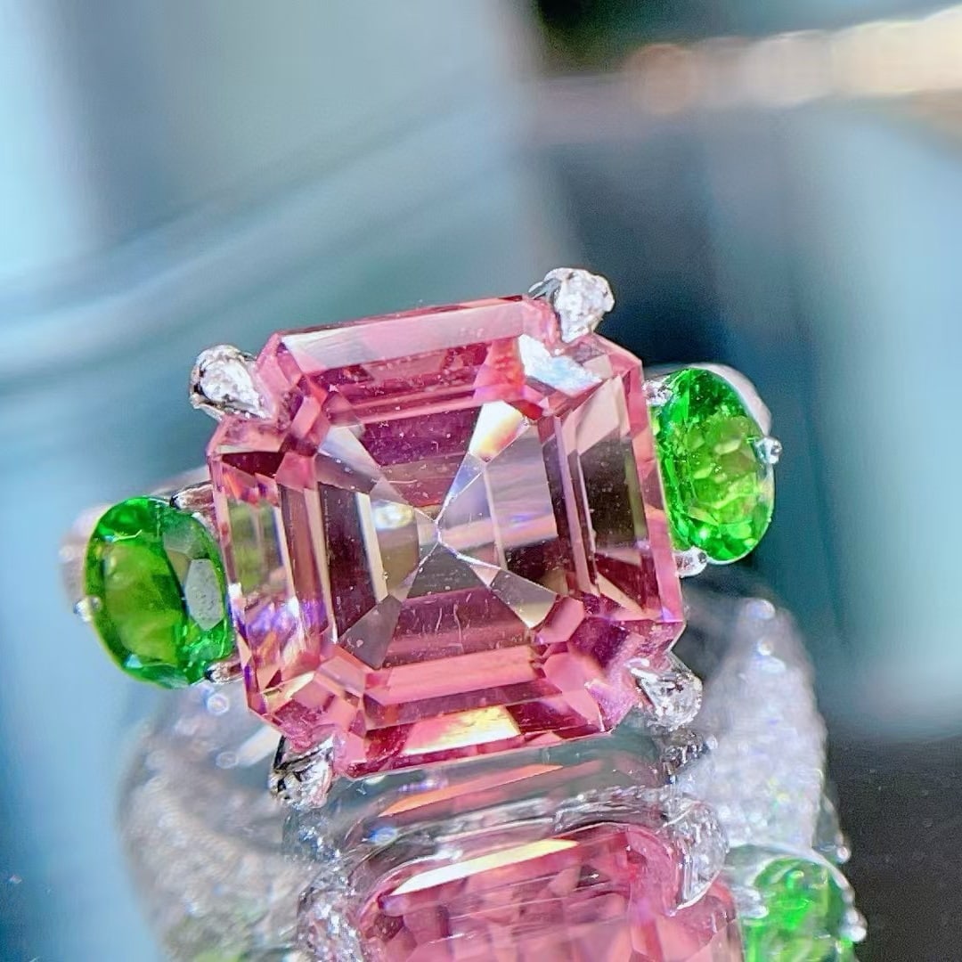 14k Gold 7.36 Ct Natural Tourmaline & Tsavorite & Diamond Ring - 2