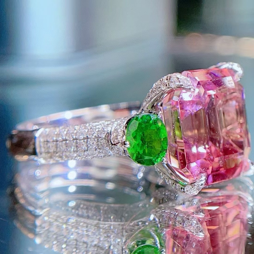 14k Gold 7.36 Ct Natural Tourmaline & Tsavorite & Diamond Ring - 5