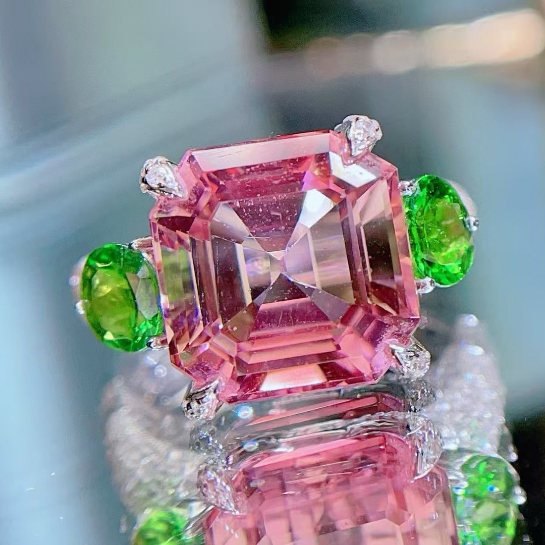 14k Gold 7.36 Ct Natural Tourmaline & Tsavorite & Diamond Ring - 6