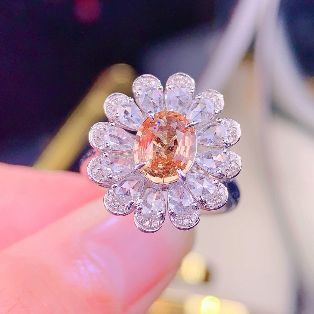 14k Gold 1.58 Ct Natural Padparadscha Sapphire & Diamond Ring/pendant( Without Chain ): Ref:230957062 // gold content:14k gold // ring size:7. 25us // // main gemstone:padparadscha sapphire // shape:oval // carat weight:1. 58ct // color:pinkish orange // treatment:natural // //