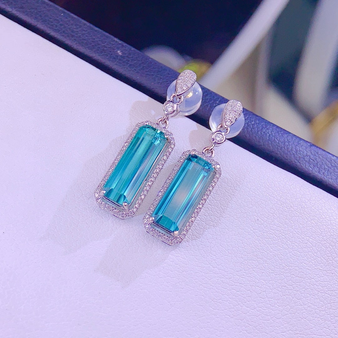 14k Gold 4.2 Ct Natural Tourmaline & Diamond Earrings - 2