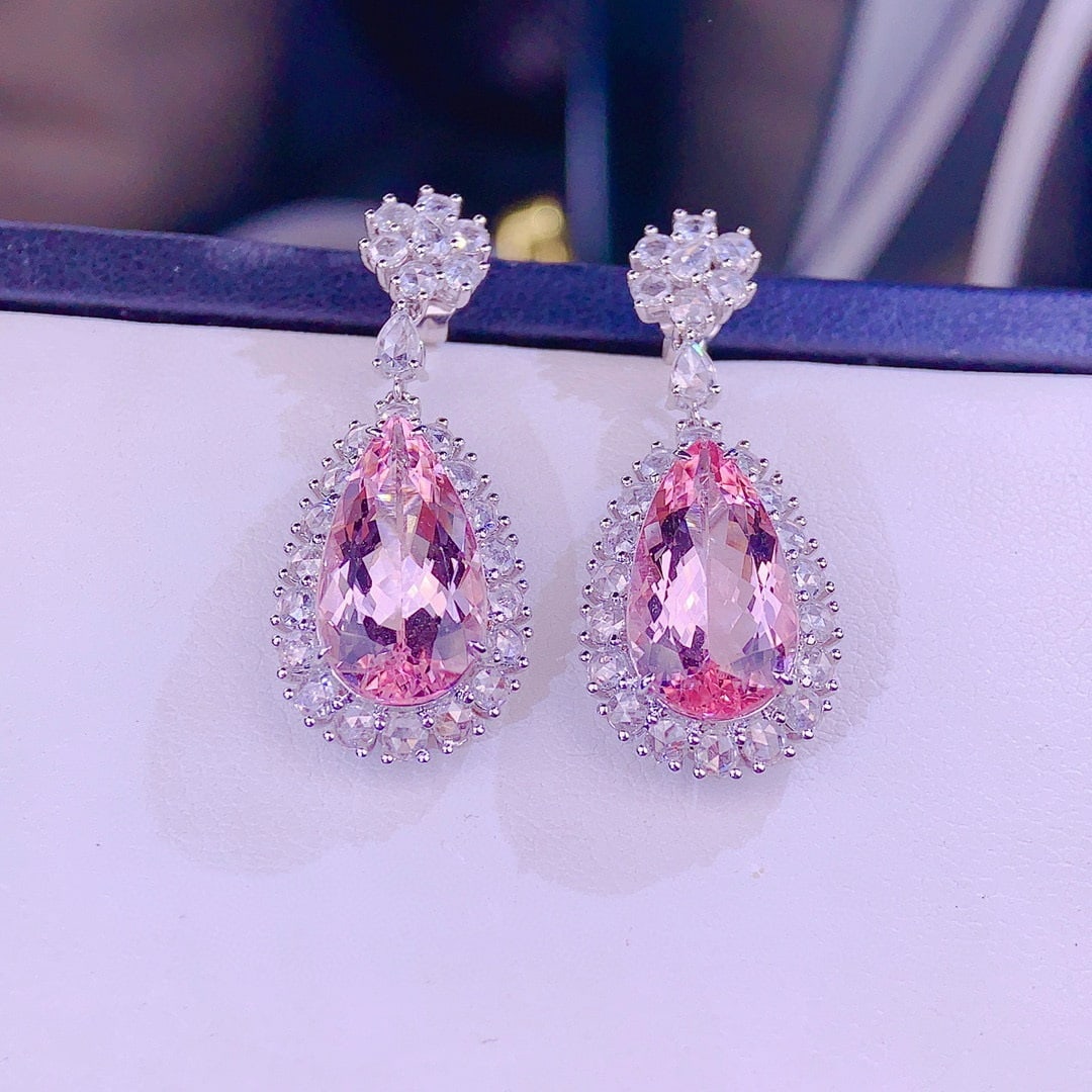 14k Gold 8 Ct Natural Morganite & Diamond Earrings: Ref:230957068 // gold content:14k gold // main gemstone:morganite // shape:pear // carat weight:8ct // color:cherry blossom color // treatment:natural // // adjacent gemstone 2 : diamond // shape:mult