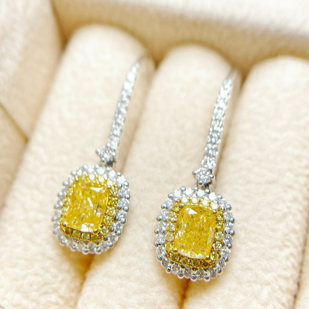 14k Gold 1.63 Ctw Natural Yellow Diamond & Diamond Earrings: Ref:230957076 // gold content:14k gold // main gemstone:yellow diamond // shape:cushion // carat weight:0. 40ct // color:yellow // treatment:natural // // adjacent gemstone 2 : diamond //