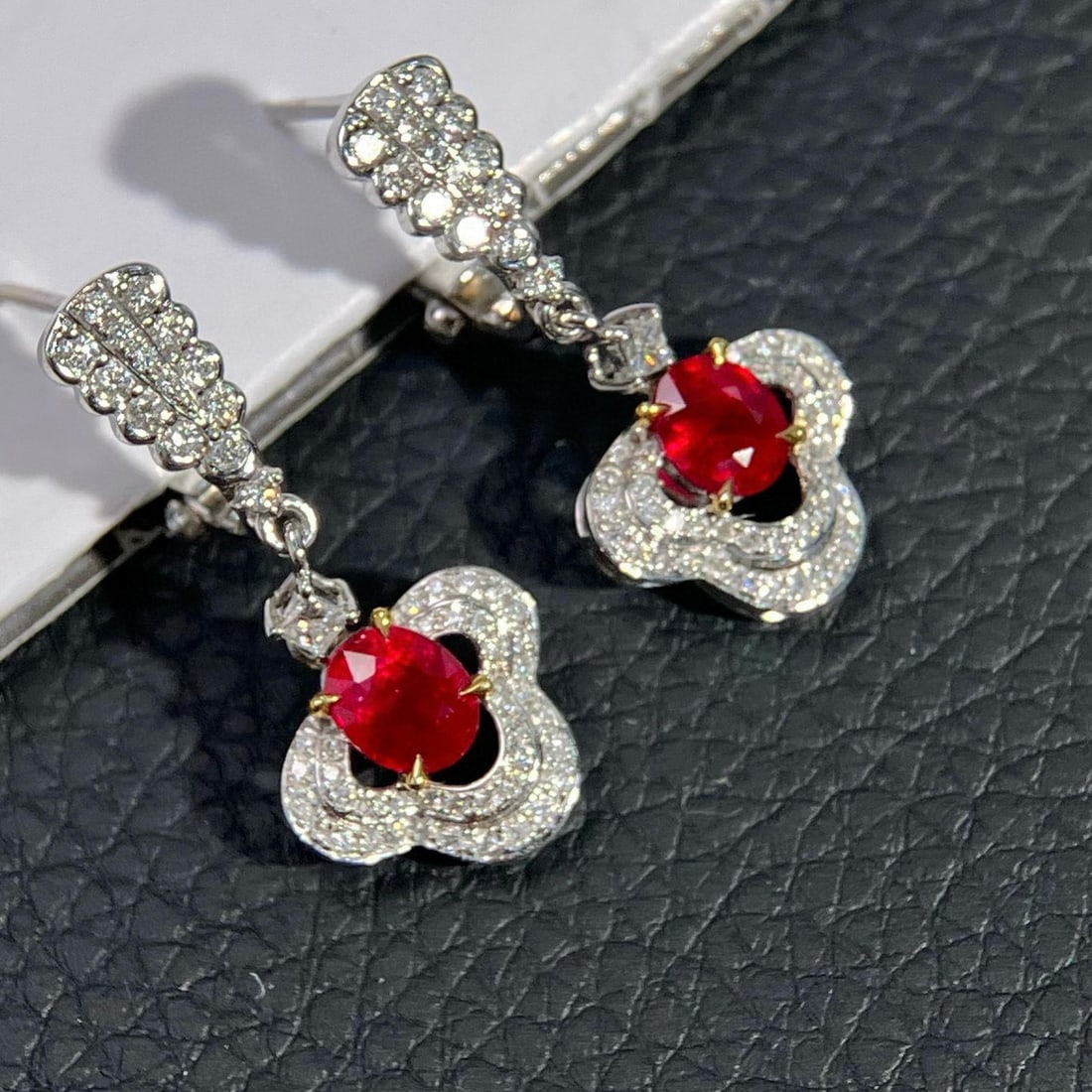 14k Gold 1.75 Ctw Natural Ruby & Diamond Earrings: Ref:230957116 // gold content:14k gold // main gemstone:ruby // shape:oval // carat weight:1. 21ct // color:pigeonblood red // treatment:natural // // adjacent gemstone 2 : diamond //