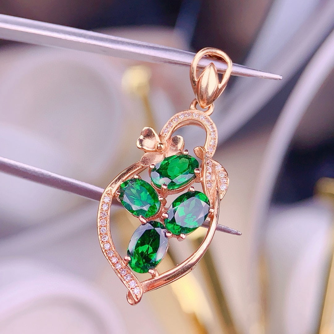 14k Gold 3 Ct Vivid Green Natural Tsavorite & Diamond Pendant( Without Chain ) - 2