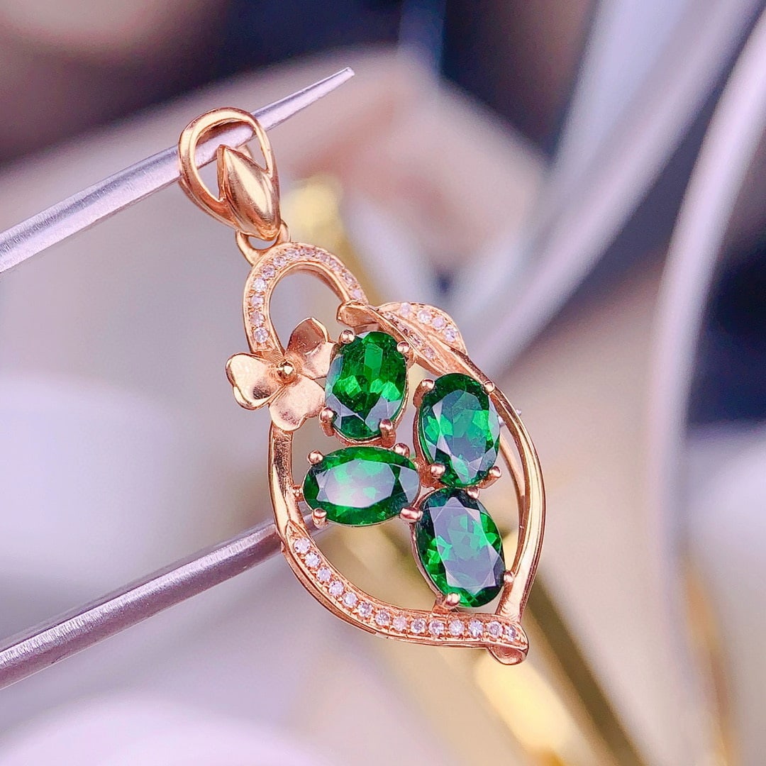 14k Gold 3 Ct Vivid Green Natural Tsavorite & Diamond Pendant( Without Chain ) - 3