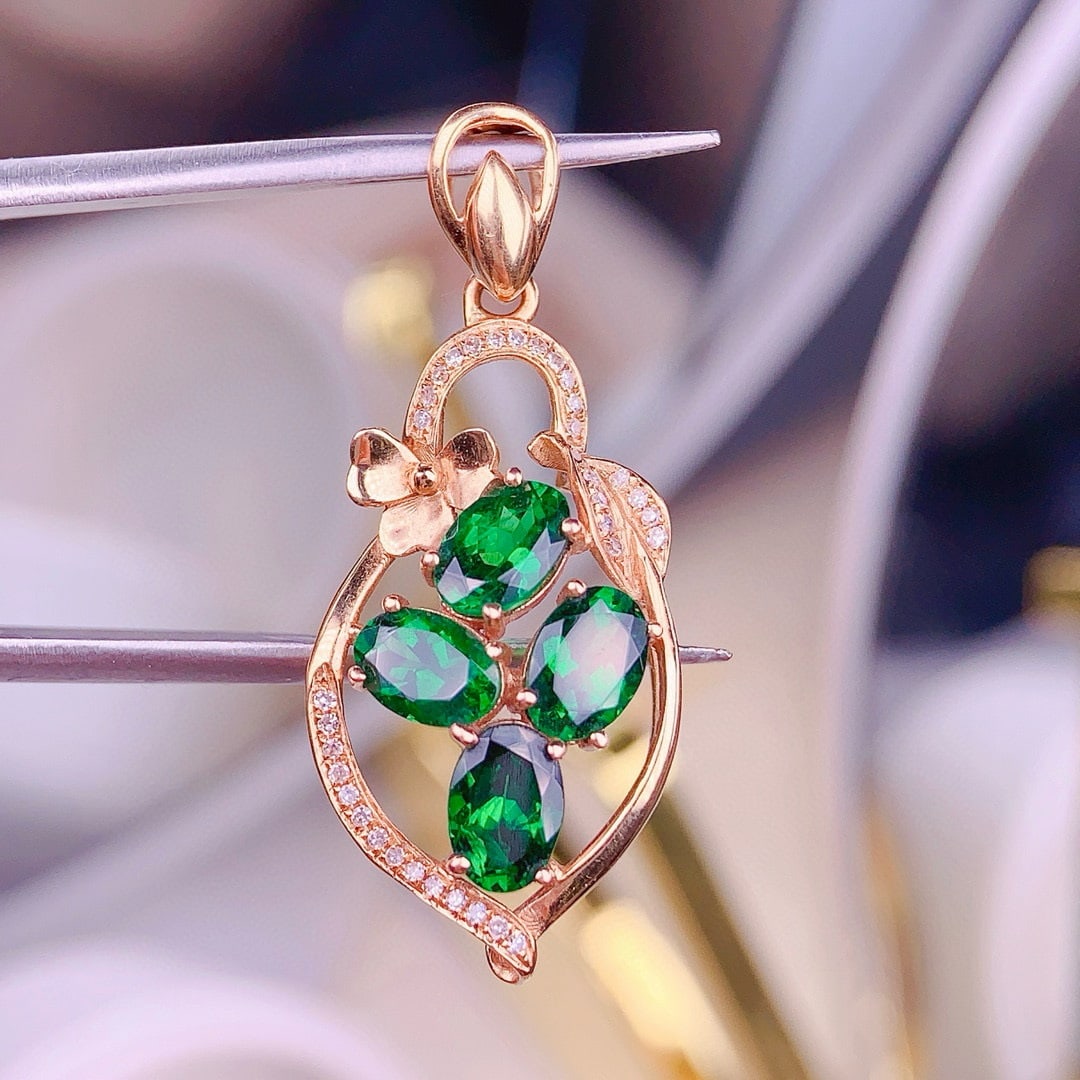 14k Gold 3 Ct Vivid Green Natural Tsavorite & Diamond Pendant( Without Chain ) - 4