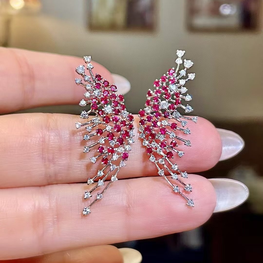 14k Gold 2.15 Ctw Natural Ruby & Diamond Earrings: Ref:230957141 // gold content:14k gold // main gemstone:ruby // shape:round // carat weight:1. 1ct // color:red // treatment:natural // cut grade:g // // adjacent gemstone 2 : diamond //