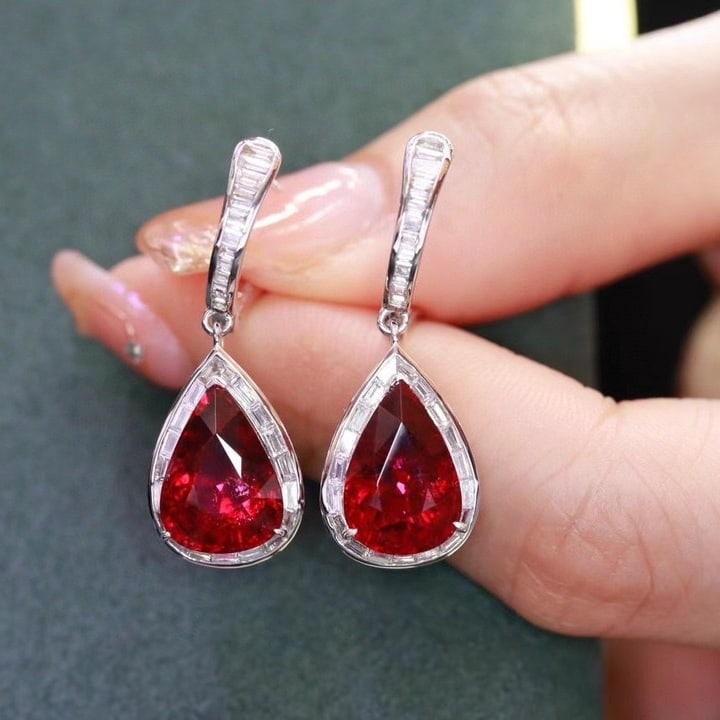 14k Gold 8.94 Ctw Natural Tourmaline & Diamond Earrings: Ref:230957152 // gold content:14k gold // main gemstone:tourmaline // shape:pear // carat weight:8. 1ct // color:red // treatment:natural // // adjacent gemstone 2 : diamond // shape:baguette //