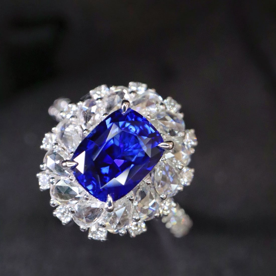 14k Gold 2.98 Ctw Natural Sapphire & Diamond Ring: Ref:230957161 // gold content:14k gold // ring size:7. 25us // // main gemstone:sapphire // shape:cushion // carat weight:2. 02ct // color:royal blue // treatment:natural // // adjacent gemstone 2